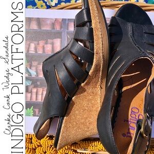 Indigo by Clark’s Cork Wedge Black Leather Sandals